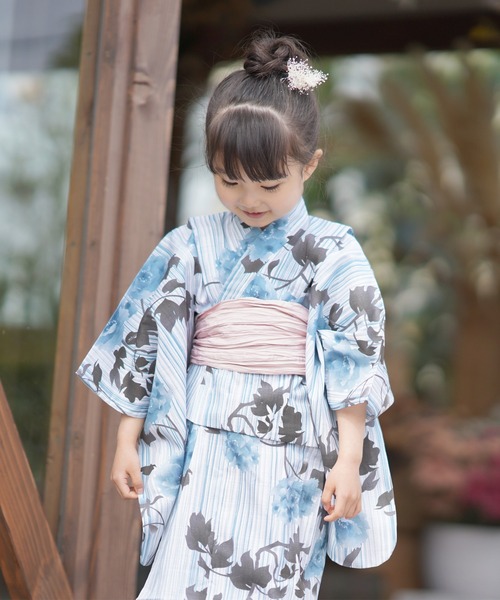 新品即出荷可 スモーキーブルー花 浴衣 水着 着物 浴衣キッズ浴衣3点セットutatane ウタタネ の浴衣 キッズ浴衣3点セット浴衣 Utatane ウタタネ のファッション