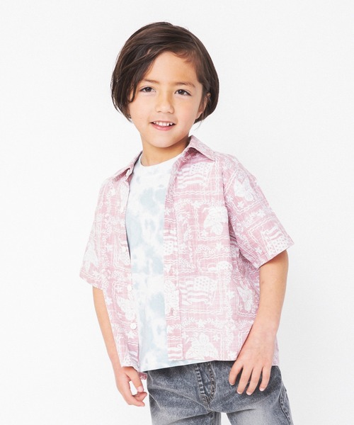 RADCHAP（ラッドチャップ）の「【ペア】プリント裏使いアロハ柄半袖シャツ（シャツ/ブラウス・キッズ・グリーン/ピンク・100cm/110cm/140cm/130cm/120cm/90cm/150cm）」の2枚目の写真