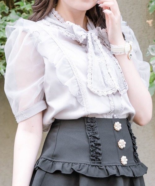 ROJITA（ロジータ）の「レーシーリボンチュールブラウス（シャツ/ブラウス・レディース・ホワイト/ピンク/ブラック・FREE）」の5枚目の写真