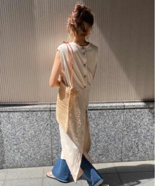 ulu(ウル)の「Organic cotton mockneckdesign nosleeve button dress(ワンピース・レディース・ブラック/ベージュ/ミント・FREE)」の3枚目の写真