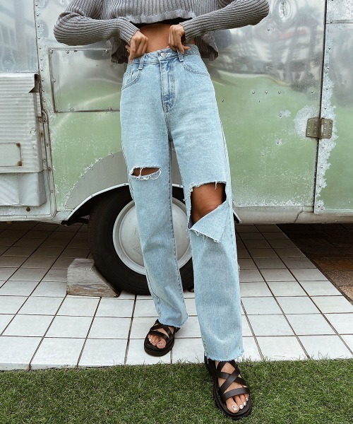 esutoreja（エストレジャ）の「ハイウエストダメージストレートデニム（デニムパンツ・レディース・ブルー・M/S）」の15枚目の写真