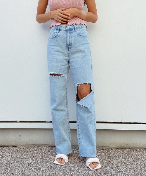 esutoreja（エストレジャ）の「ハイウエストダメージストレートデニム（デニムパンツ・レディース・ブルー・M/S）」の16枚目の写真