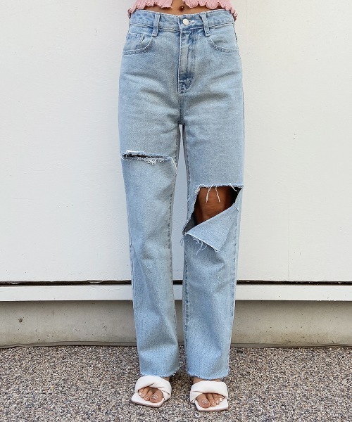 esutoreja（エストレジャ）の「ハイウエストダメージストレートデニム（デニムパンツ・レディース・ブルー・M/S）」の11枚目の写真