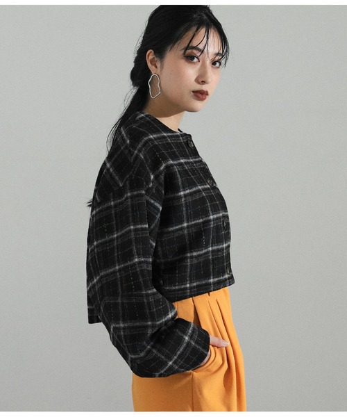 Settimissimo（セッティミッシモ）の「ツイードチェックショートジャケット（ノーカラージャケット・レディース・ブラック/ブラウン/グレー・FREE）」の13枚目の写真