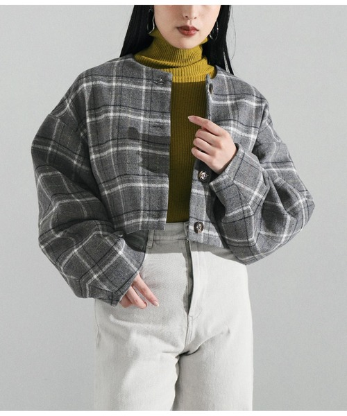 Settimissimo（セッティミッシモ）の「ツイードチェックショートジャケット（ノーカラージャケット・レディース・ブラック/ブラウン/グレー・FREE）」の4枚目の写真