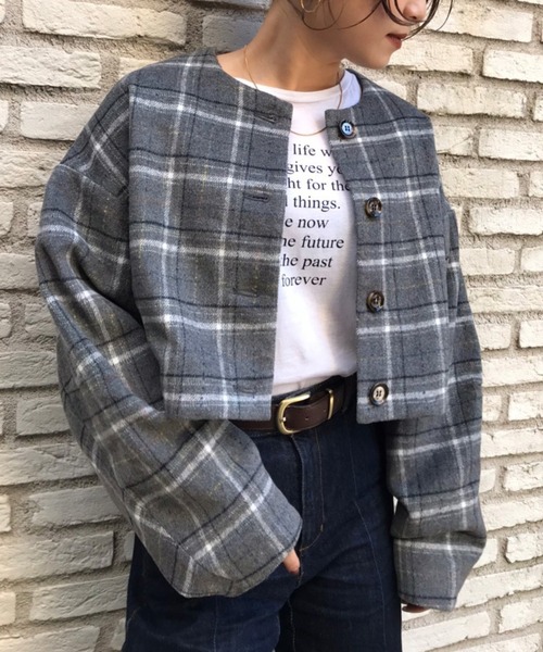 Settimissimo（セッティミッシモ）の「ツイードチェックショートジャケット（ノーカラージャケット・レディース・ブラック/ブラウン/グレー・FREE）」の5枚目の写真