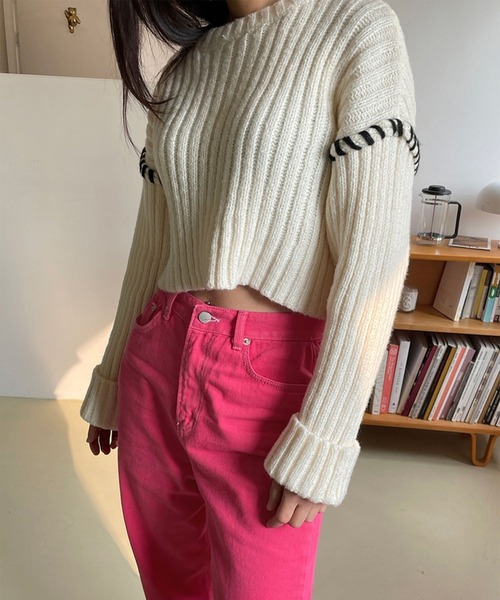 me+em select(ミームセレクト)の「配色ハンドステッチショートリブニット(ニット/セーター・レディース・アイボリー/グリーン/ブラック/グレー・FREE)」の21枚目の写真