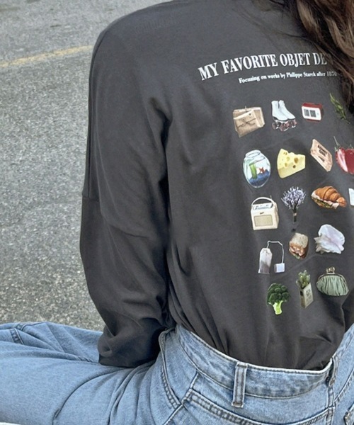 Dalfwin（ダールフィン）の「韓国ファッションFAVORITEプリントロングTシャツ（Tシャツ/カットソー・レディース・グレー系その他/チャコールグレー/ホワイト・FREE）」の14枚目の写真