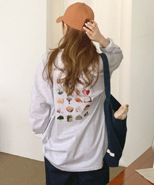 Dalfwin（ダールフィン）の「韓国ファッションFAVORITEプリントロングTシャツ（Tシャツ/カットソー・レディース・グレー系その他/チャコールグレー/ホワイト・FREE）」の6枚目の写真