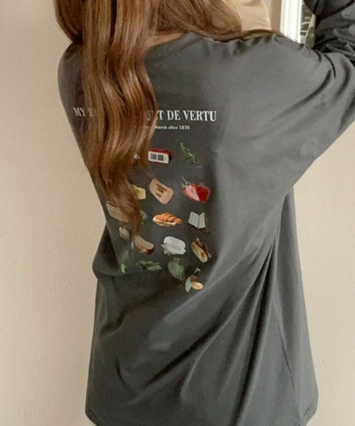 Dalfwin（ダールフィン）の「韓国ファッションFAVORITEプリントロングTシャツ（Tシャツ/カットソー・レディース・グレー系その他/チャコールグレー/ホワイト・FREE）」の4枚目の写真