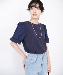 Tシャツ以上ブラウス未満の気軽さが自慢の異素材ふんわり袖がかわいいカットソートップス by que made me