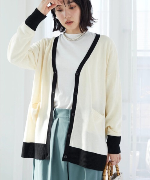 Green　Parks（グリーンパークス）の「バイカラーミドル丈カーデ（カーディガン/ボレロ・レディース・ライトベージュ/ライトグレー/オフホワイト・FREE）」の2枚目の写真