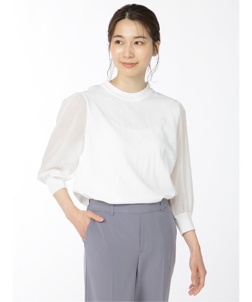 m.f.editorial（エムエフエディトリアル）の「【袖シフォン 異素材切替 ウォッシャブル】m.f.エディトリアル レディース クルー 長袖ニットプルオーバー（ニット/セーター・レディース・ベージュ/ブラック/ホワイト・MEDIUM/LARGE）」の2枚目の写真