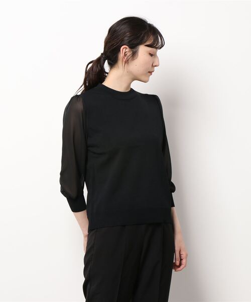 m.f.editorial（エムエフエディトリアル）の「【袖シフォン 異素材切替 ウォッシャブル】m.f.エディトリアル レディース クルー 長袖ニットプルオーバー（ニット/セーター・レディース・ベージュ/ブラック/ホワイト・MEDIUM/LARGE）」の6枚目の写真