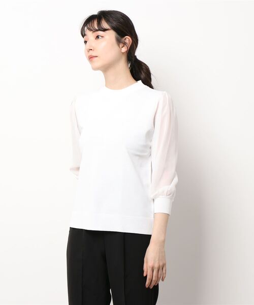 m.f.editorial（エムエフエディトリアル）の「【袖シフォン 異素材切替 ウォッシャブル】m.f.エディトリアル レディース クルー 長袖ニットプルオーバー（ニット/セーター・レディース・ベージュ/ブラック/ホワイト・MEDIUM/LARGE）」の17枚目の写真