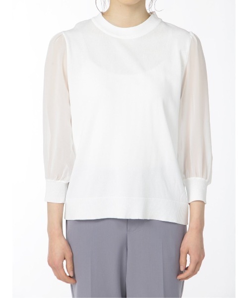 m.f.editorial（エムエフエディトリアル）の「【袖シフォン 異素材切替 ウォッシャブル】m.f.エディトリアル レディース クルー 長袖ニットプルオーバー（ニット/セーター・レディース・ベージュ/ブラック/ホワイト・MEDIUM/LARGE）」の19枚目の写真