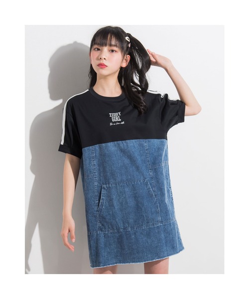 Ziddy ニコ プチ掲載 袖ライン入りデニム切り替えワンピース 130 160cm ワンピース Ziddy ジディ のファッション通販 Zozotown