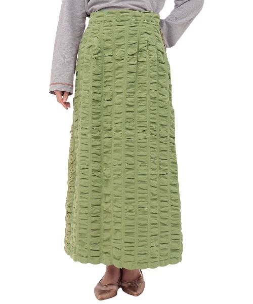 チチカカ（チチカカ）の「ギャザーストライプスカート（スカート・レディース・ベージュ/カーキ/パープル・FREE）」の9枚目の写真