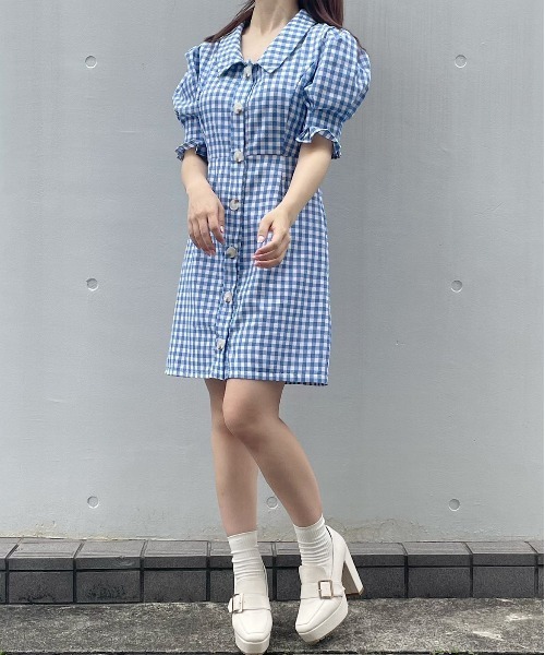 titty＆Co. PETIT（ティティアンドコープティ）の「【titty&Co. PETIT】ギンガムパフシャツワンピース（ワンピース・レディース・ブルー・FREE）」の7枚目の写真