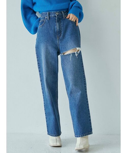 MURUA（ムルーア）の「アシメカットカラーパンツ（デニムパンツ・レディース・ブラック/ブラウン/インディゴブルー・1/2）」の5枚目の写真