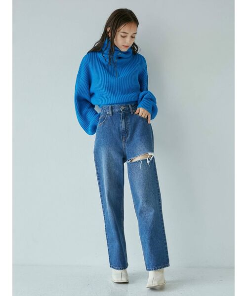 MURUA（ムルーア）の「アシメカットカラーパンツ（デニムパンツ・レディース・ブラック/ブラウン/インディゴブルー・1/2）」の4枚目の写真