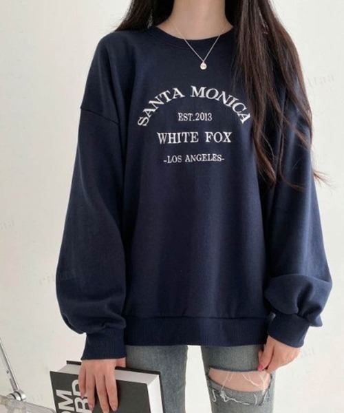 Dalfwin(ダールフィン)の「韓国ファッションMONICA刺繍ロゴオーバーサイズスウェット(スウェット・レディース・ネイビー/グレー/オートミール・FREE)」の9枚目の写真