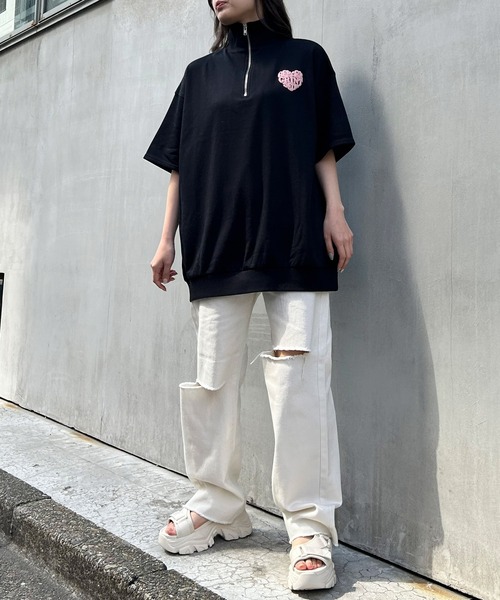 INGNI(イング)の「ハーフZIP BACKハートロゴミニスウェット半袖チュニック(その他トップス・レディース・ベージュ系その他3/ベージュ系その他4/ピンク系6/ブラック×ピンク・M)」の6枚目の写真