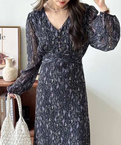 aimoha(アイモハ)の「花柄 Vネックシフォンワンピース (SS)(ワンピース・レディース・ベージュ/ブラック・MEDIUM/LARGE)」の12枚目の写真