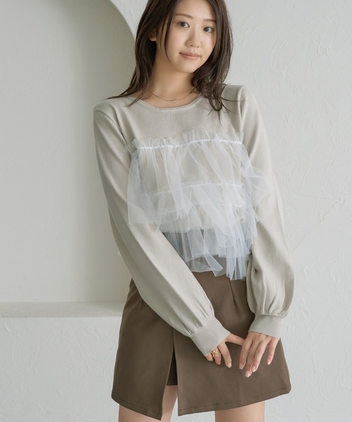 soie by apres jour mignon(ソワバイアプレジュールミニョン)の「【soie by apres jour mignon】チュールドッキングニット【ZOZOTOWN限定アイテム】(ニット/セーター・レディース・ブラック系その他/ブラック/アイボリー・SMALL/MEDIUM)」の2枚目の写真