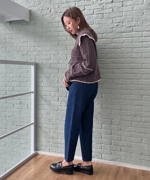 couture brooch（クチュールブローチ）の「◆透かし編みビッグカラーニット（ニット/セーター・レディース・オフホワイト/ピンク系/チャコールグレー・38）」の11枚目の写真