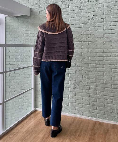 couture brooch（クチュールブローチ）の「◆透かし編みビッグカラーニット（ニット/セーター・レディース・オフホワイト/ピンク系/チャコールグレー・38）」の12枚目の写真