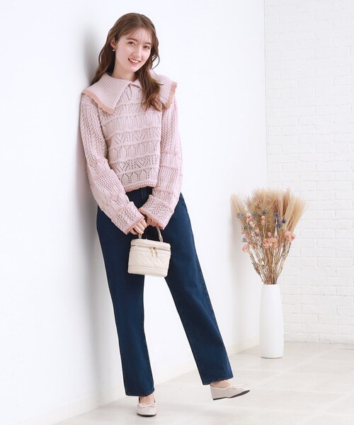 couture brooch（クチュールブローチ）の「◆透かし編みビッグカラーニット（ニット/セーター・レディース・オフホワイト/ピンク系/チャコールグレー・38）」の14枚目の写真