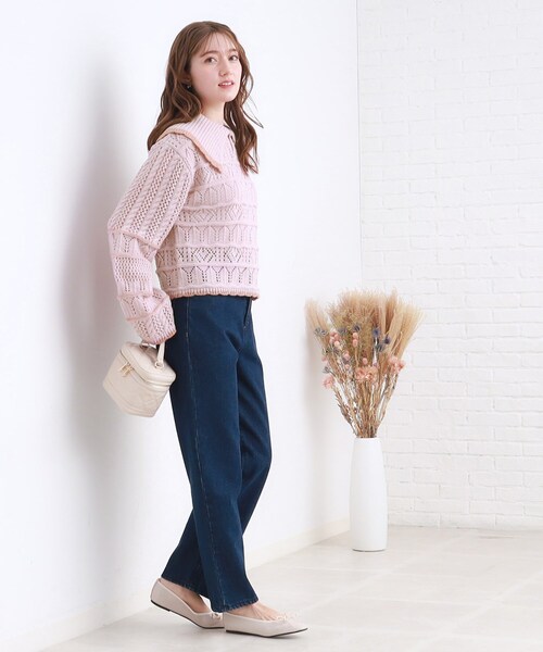 couture brooch（クチュールブローチ）の「◆透かし編みビッグカラーニット（ニット/セーター・レディース・オフホワイト/ピンク系/チャコールグレー・38）」の15枚目の写真