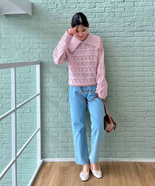 couture brooch（クチュールブローチ）の「◆透かし編みビッグカラーニット（ニット/セーター・レディース・オフホワイト/ピンク系/チャコールグレー・38）」の20枚目の写真