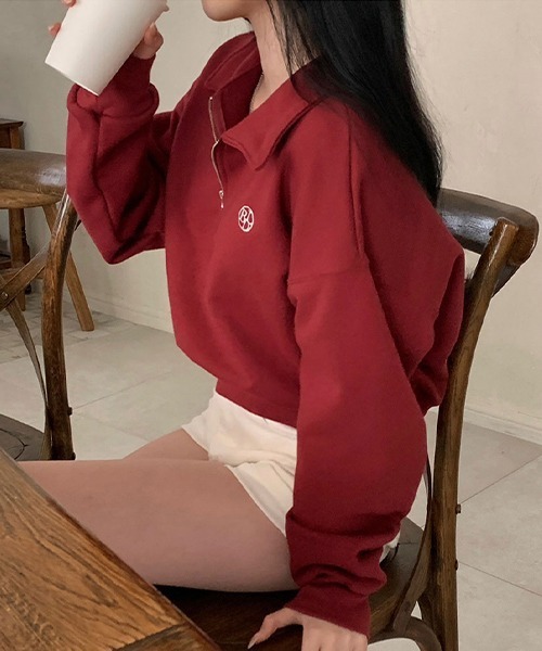 BEIDELLI（ベイデリー）の「[BELLIDE MADE] ワンポイント刺繍ハーフジップアップセミクロップドスウェット（スウェット・レディース・ネイビー/オートミール/ワインレッド/グレー・FREE）」の16枚目の写真