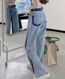 リメイク風色落ちデザインデニムストレートパンツ