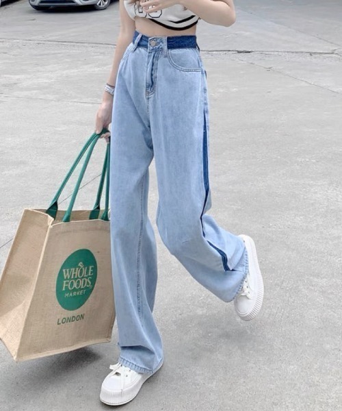 NANEA(ナネア)の「リメイク風色落ちデザインデニムストレートパンツ(デニムパンツ・レディース・ブルー・SMALL/MEDIUM/LARGE/X-LARGE)」の2枚目の写真