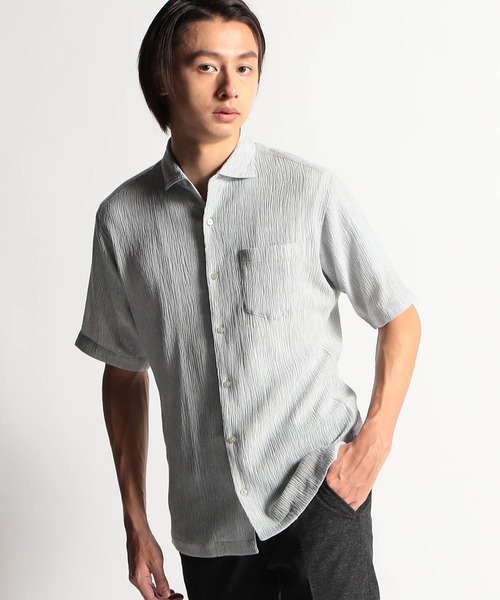 HIDEAWAYS NICOLE（ハイダウェイニコル）の「テンセル楊柳ストレッチ半袖シャツ（シャツ/ブラウス・メンズ・ライトグレー/オフホワイト/オレンジ/ホワイト×ブラック・MEDIUM/LARGE/X-LARGE）」の4枚目の写真