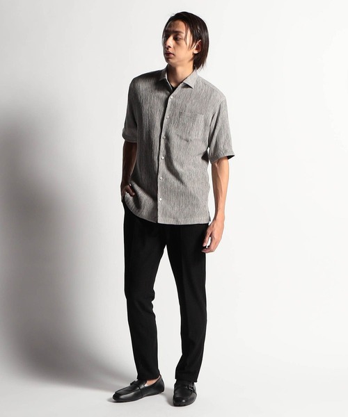 HIDEAWAYS NICOLE（ハイダウェイニコル）の「テンセル楊柳ストレッチ半袖シャツ（シャツ/ブラウス・メンズ・ライトグレー/オフホワイト/オレンジ/ホワイト×ブラック・MEDIUM/LARGE/X-LARGE）」の5枚目の写真