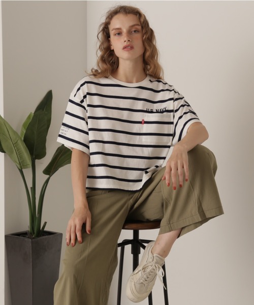 AVIREX（アヴィレックス）の「NAVAL POCKET SHORT T-SHIRT/ネイバルポケット ショートティーシャツ（Tシャツ/カットソー・レディース・ネイビー/オフホワイト/ネイビー系/レモンイエロー・FREE）」の4枚目の写真