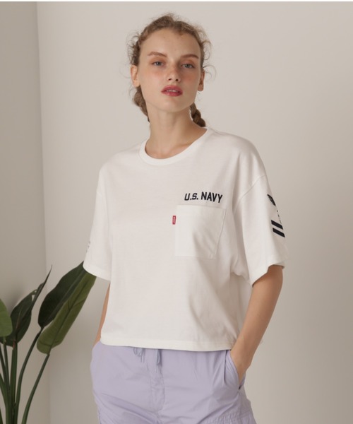 AVIREX（アヴィレックス）の「NAVAL POCKET SHORT T-SHIRT/ネイバルポケット ショートティーシャツ（Tシャツ/カットソー・レディース・ネイビー/オフホワイト/ネイビー系/レモンイエロー・FREE）」の2枚目の写真