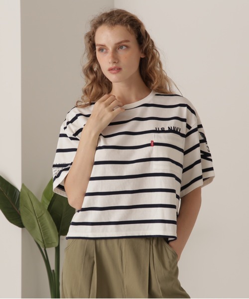 AVIREX（アヴィレックス）の「NAVAL POCKET SHORT T-SHIRT/ネイバルポケット ショートティーシャツ（Tシャツ/カットソー・レディース・ネイビー/オフホワイト/ネイビー系/レモンイエロー・FREE）」の5枚目の写真