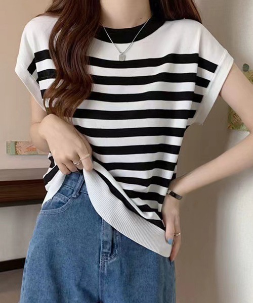 Miniministore(ミニミニストア)の「フレンチスリーブサマーニット ボーダー柄(ニット/セーター・レディース・ブラック/ベージュ/ネイビー・FREE)」の6枚目の写真