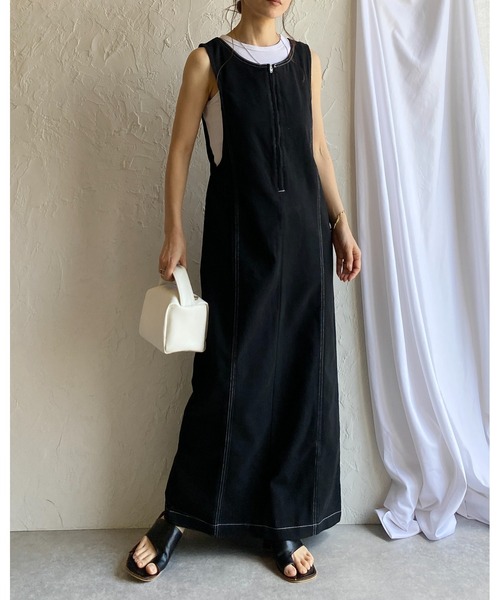 She's Closet(シーズクローゼット)の「ステッチ配色タイトIラインロングフロントジップジャンパースカートワンピース(ジャンパースカート・レディース・ベージュ/ブラック/グレー・FREE)」の6枚目の写真