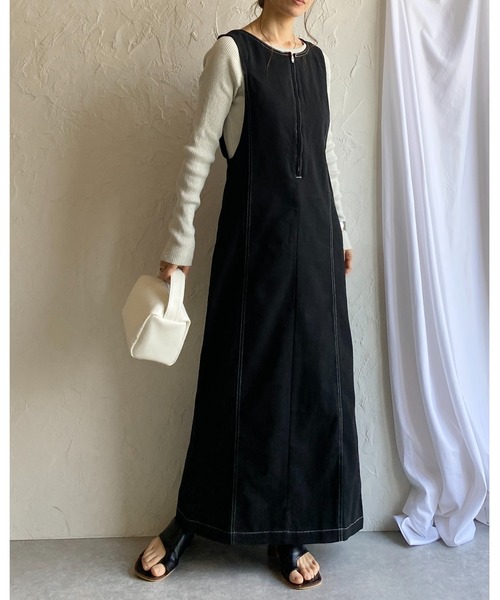 1️⃣9️⃣ ロングワンピース アシメントリー シャツ ジャンパースカート ばら セット セール】ステッチ配色タイトIラインロングフロントジップジャンパー