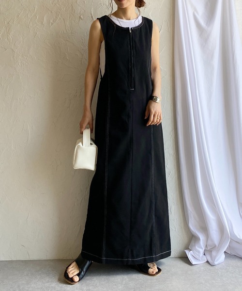 She's Closet(シーズクローゼット)の「ステッチ配色タイトIラインロングフロントジップジャンパースカートワンピース(ジャンパースカート・レディース・ベージュ/ブラック/グレー・FREE)」の4枚目の写真