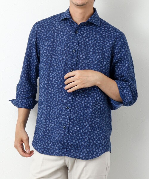 NOLLEY’S(ノーリーズ)の「リネンカッタウェイ 7分袖 総柄シャツ(シャツ/ブラウス・メンズ・ブルー系その他/ホワイト系その他・S/M/L/XL)」の2枚目の写真