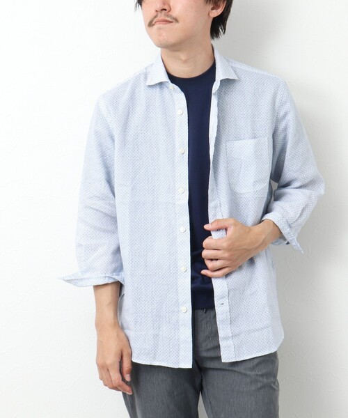 NOLLEY’S(ノーリーズ)の「リネンカッタウェイ 7分袖 総柄シャツ(シャツ/ブラウス・メンズ・ブルー系その他/ホワイト系その他・S/M/L/XL)」の3枚目の写真