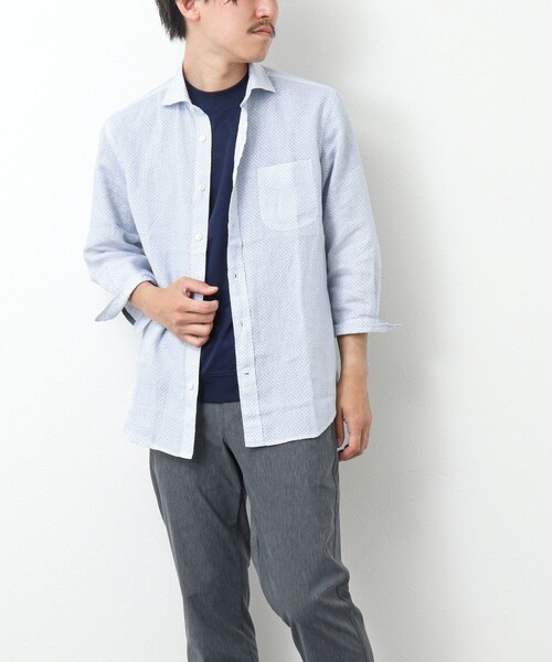 NOLLEY’S(ノーリーズ)の「リネンカッタウェイ 7分袖 総柄シャツ(シャツ/ブラウス・メンズ・ブルー系その他/ホワイト系その他・S/M/L/XL)」の6枚目の写真