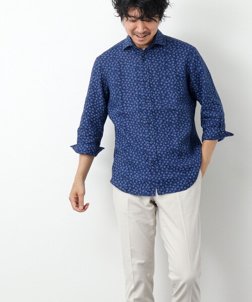 【極美品】LUIGI BORRELLI／リネンカッタウェイシャツ／ブルー／L BPF01_61_61015201501_6300?$